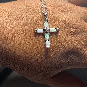 Neiman Marcus  White Gold Plated Opal Cross Necklace